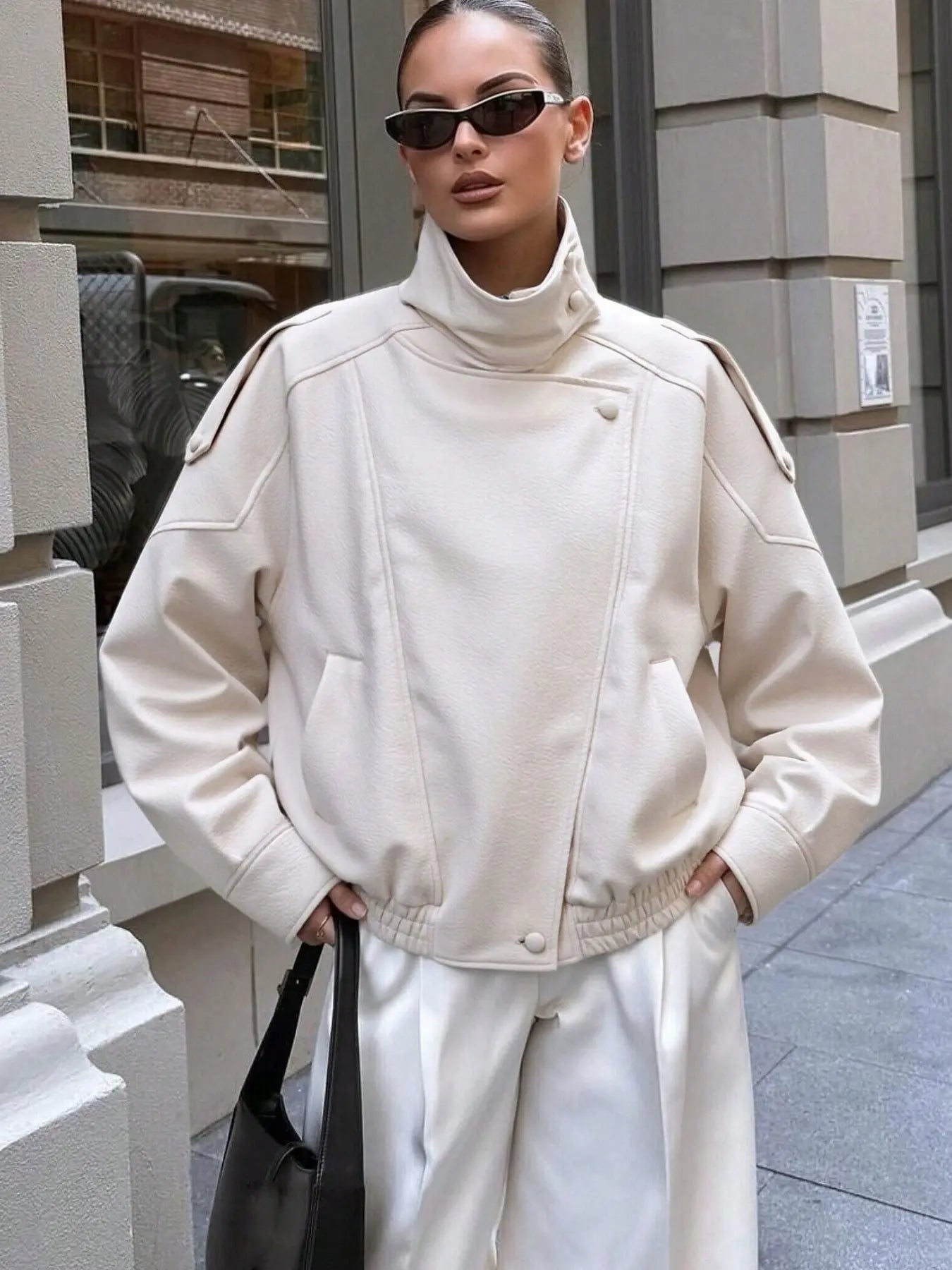 Women'S Fall & Winter Streetwear Coats, Fashion Motorcycle Style Leather-Look Long Sleeve Outerwear Jacket, Vintage Loose Fit, Stand Collar Asymmetrical Design, Multiple Colors Available