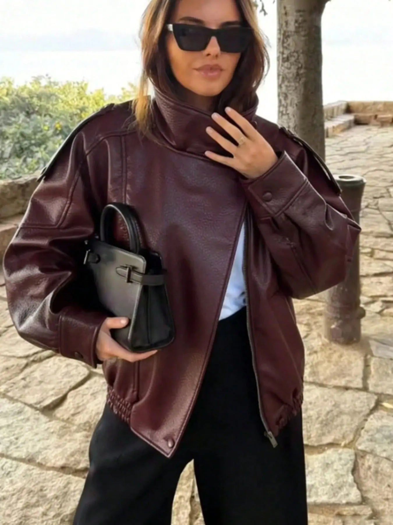 Women'S Fall & Winter Streetwear Coats, Fashion Motorcycle Style Leather-Look Long Sleeve Outerwear Jacket, Vintage Loose Fit, Stand Collar Asymmetrical Design, Multiple Colors Available