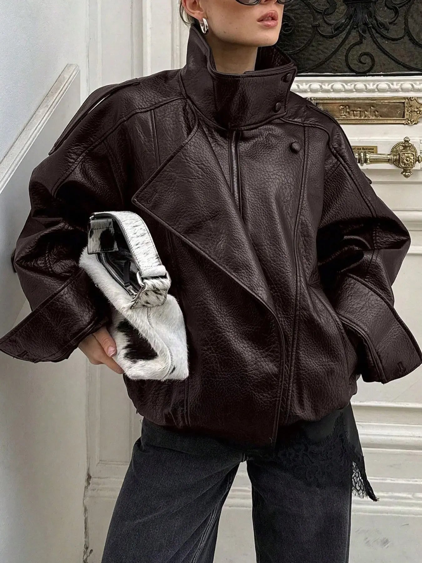 Women'S Fall & Winter Streetwear Coats, Fashion Motorcycle Style Leather-Look Long Sleeve Outerwear Jacket, Vintage Loose Fit, Stand Collar Asymmetrical Design, Multiple Colors Available