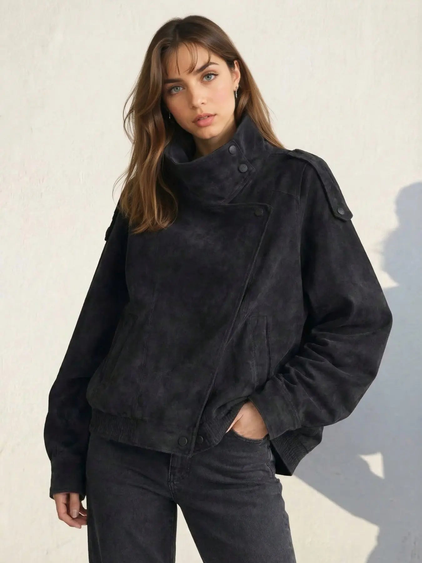 Women'S Fall & Winter Streetwear Coats, Fashion Motorcycle Style Leather-Look Long Sleeve Outerwear Jacket, Vintage Loose Fit, Stand Collar Asymmetrical Design, Multiple Colors Available