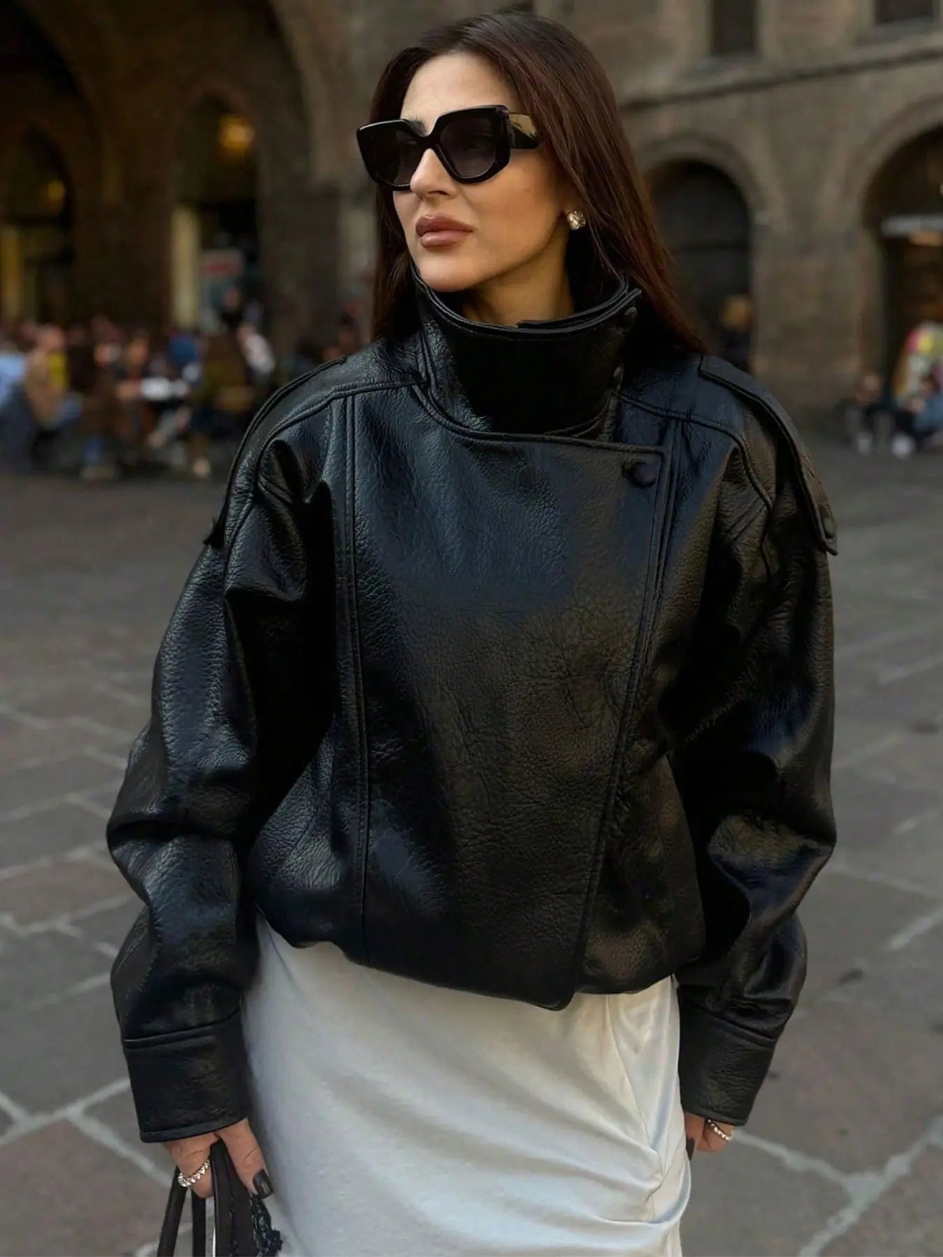 Women'S Fall & Winter Streetwear Coats, Fashion Motorcycle Style Leather-Look Long Sleeve Outerwear Jacket, Vintage Loose Fit, Stand Collar Asymmetrical Design, Multiple Colors Available