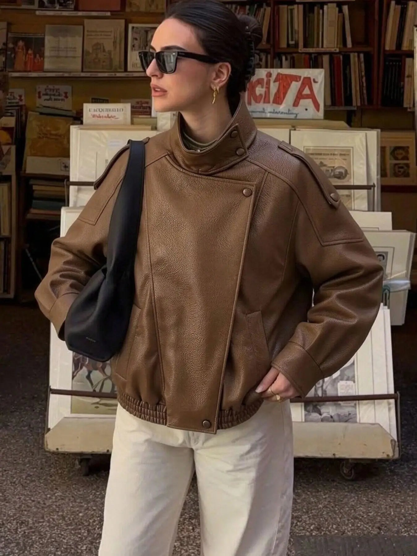 Women'S Fall & Winter Streetwear Coats, Fashion Motorcycle Style Leather-Look Long Sleeve Outerwear Jacket, Vintage Loose Fit, Stand Collar Asymmetrical Design, Multiple Colors Available