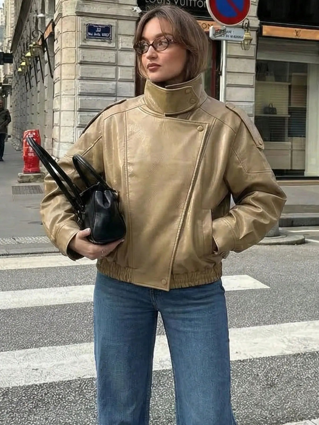 Women'S Fall & Winter Streetwear Coats, Fashion Motorcycle Style Leather-Look Long Sleeve Outerwear Jacket, Vintage Loose Fit, Stand Collar Asymmetrical Design, Multiple Colors Available